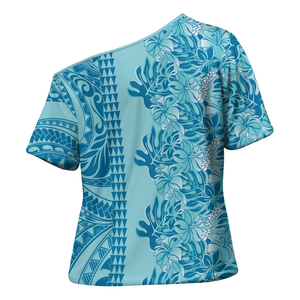 Cyan Hibiscus Monstera Seamless Kakau Hawaii Cross Shoulder Shirt LT14 - Polynesian Pride
