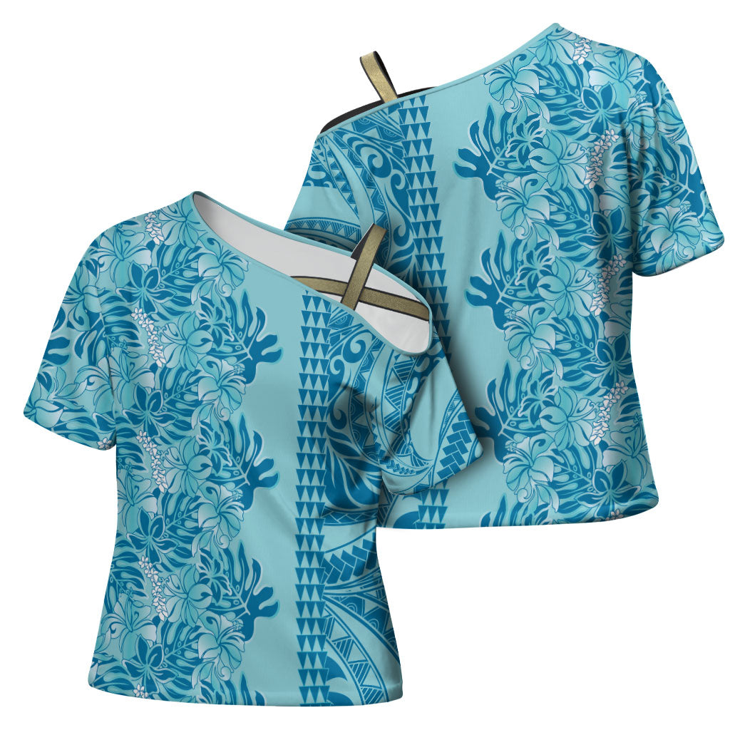 Cyan Hibiscus Monstera Seamless Kakau Hawaii Cross Shoulder Shirt LT14 - Polynesian Pride