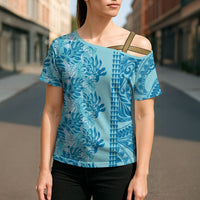 Cyan Hibiscus Monstera Seamless Kakau Hawaii Cross Shoulder Shirt LT14 - Polynesian Pride