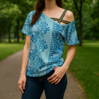 Cyan Hibiscus Monstera Seamless Kakau Hawaii Cross Shoulder Shirt LT14 - Polynesian Pride
