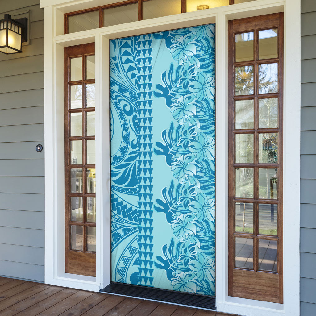 Cyan Hibiscus Monstera Seamless Kakau Hawaii Door Cover LT14 - Polynesian Pride