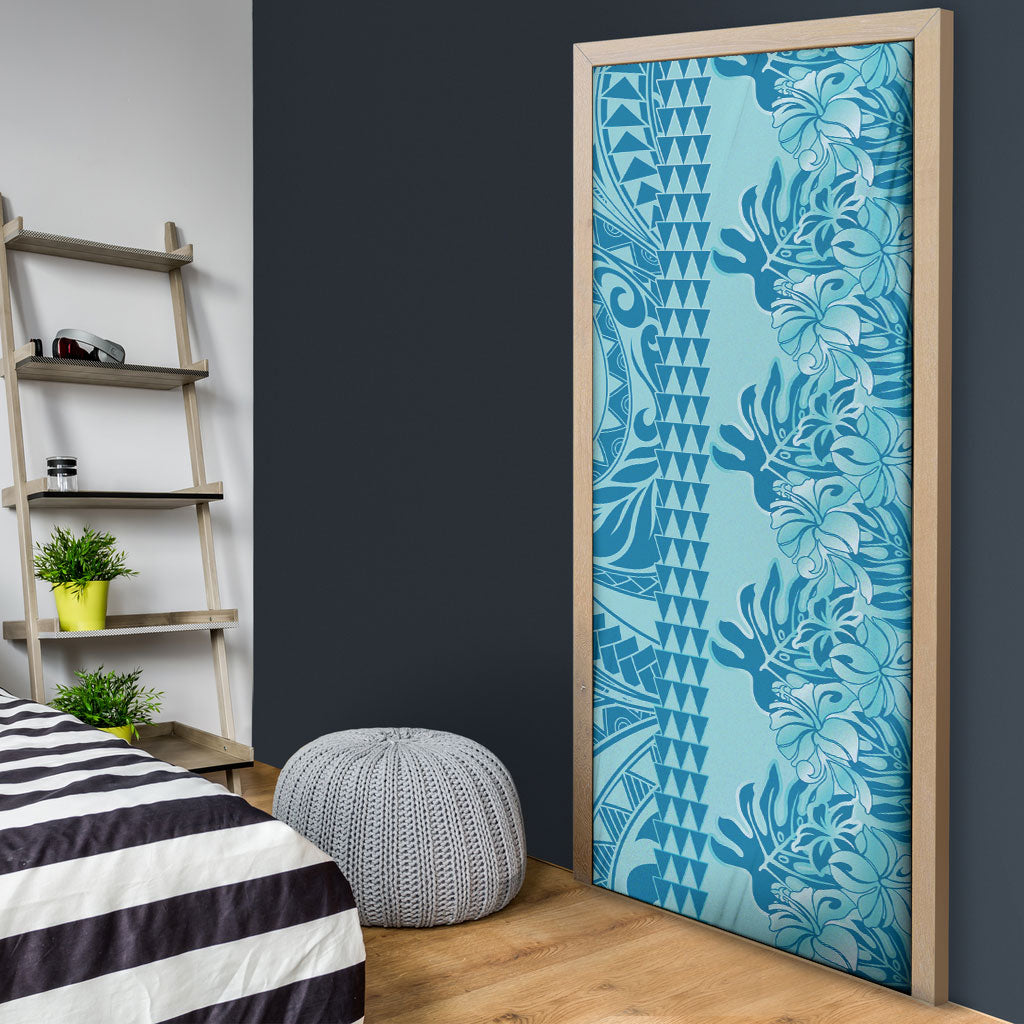 Cyan Hibiscus Monstera Seamless Kakau Hawaii Door Cover LT14 - Polynesian Pride