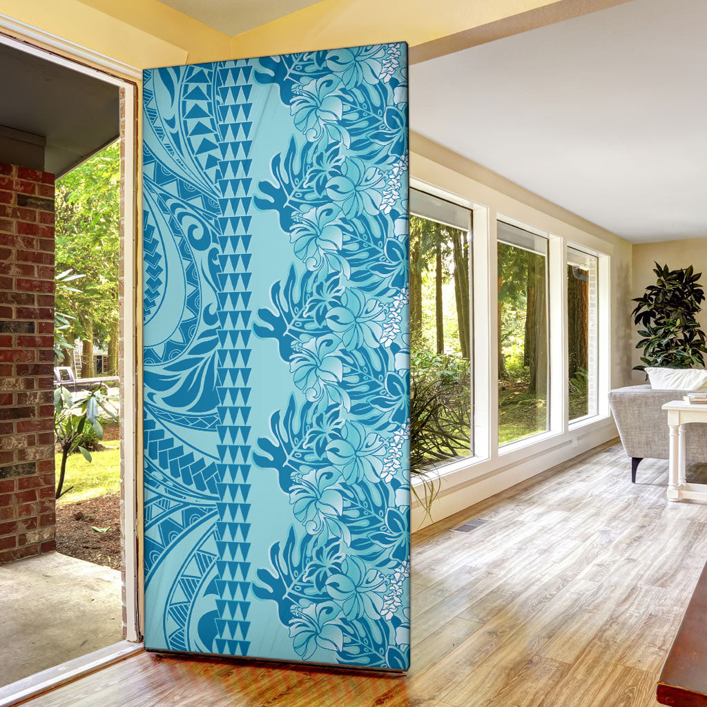 Cyan Hibiscus Monstera Seamless Kakau Hawaii Door Cover LT14 - Polynesian Pride