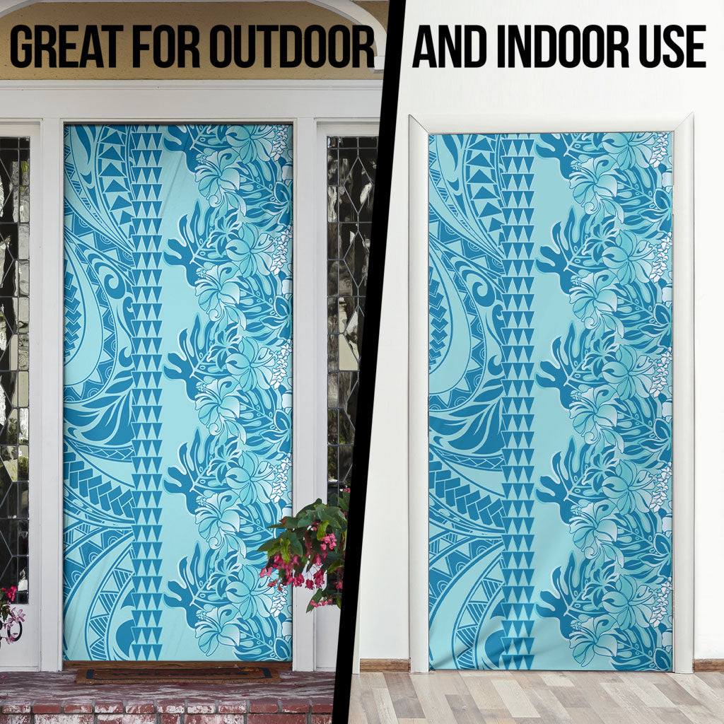 Cyan Hibiscus Monstera Seamless Kakau Hawaii Door Cover LT14 - Polynesian Pride