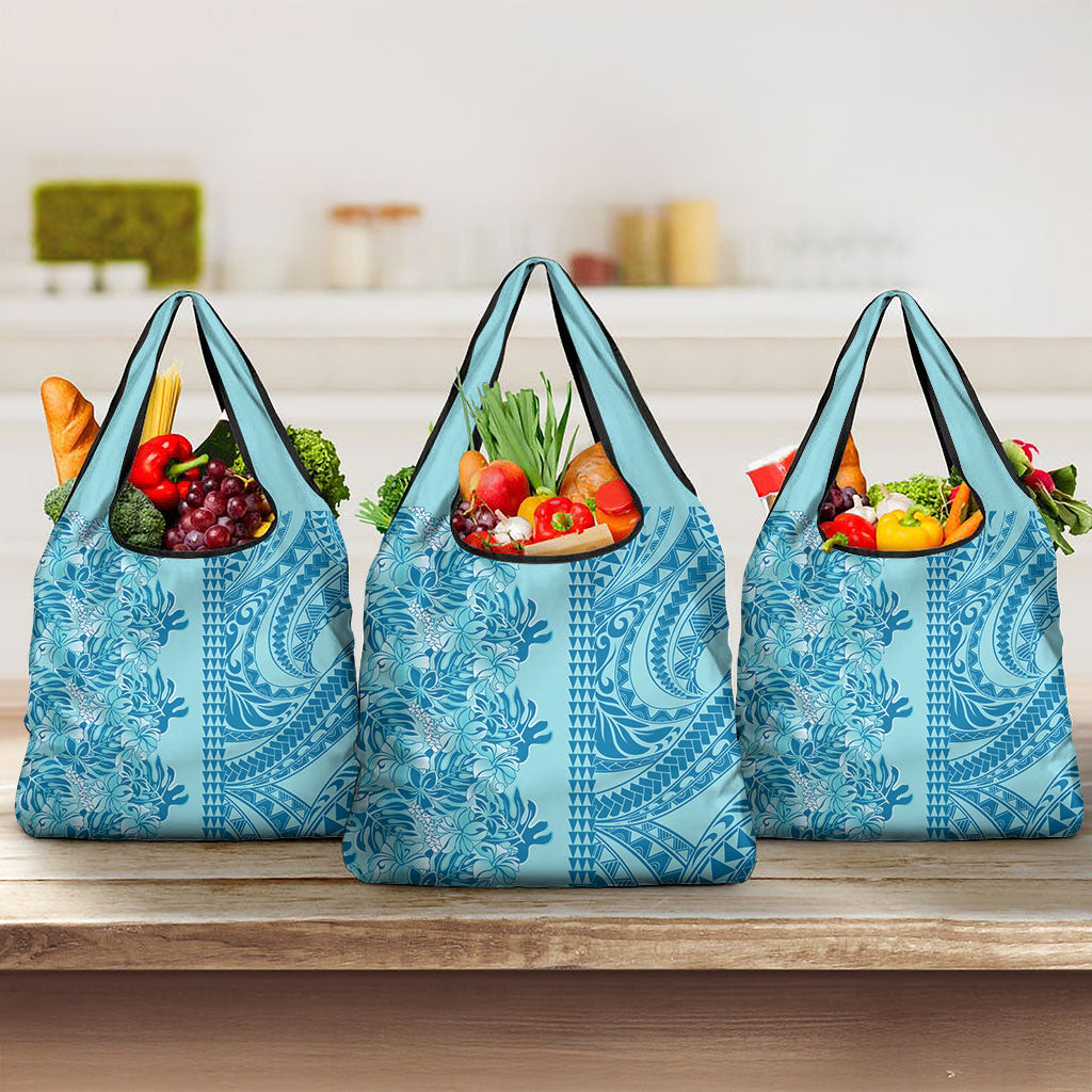 Cyan Hibiscus Monstera Seamless Kakau Hawaii Grocery Bag LT14 3-pack One Size Cyan - Polynesian Pride