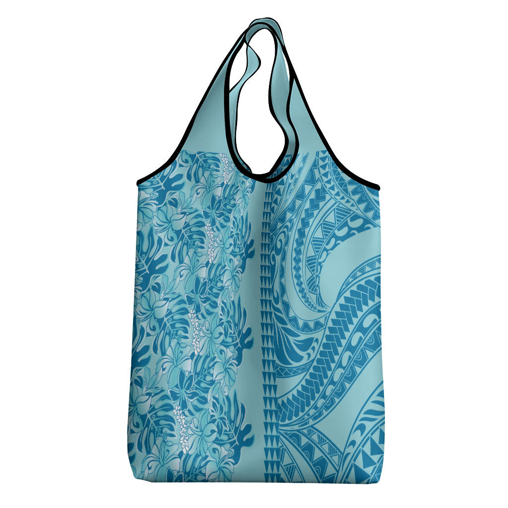 Cyan Hibiscus Monstera Seamless Kakau Hawaii Grocery Bag LT14 - Polynesian Pride