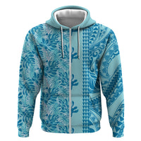 Cyan Hibiscus Monstera Seamless Kakau Hawaii Hoodie LT14 Zip Hoodie Cyan - Polynesian Pride