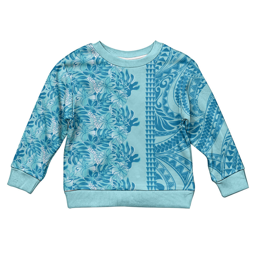 Cyan Hibiscus Monstera Seamless Kakau Hawaii Kid Ugly Christmas Sweater LT14 Kid Cyan - Polynesian Pride