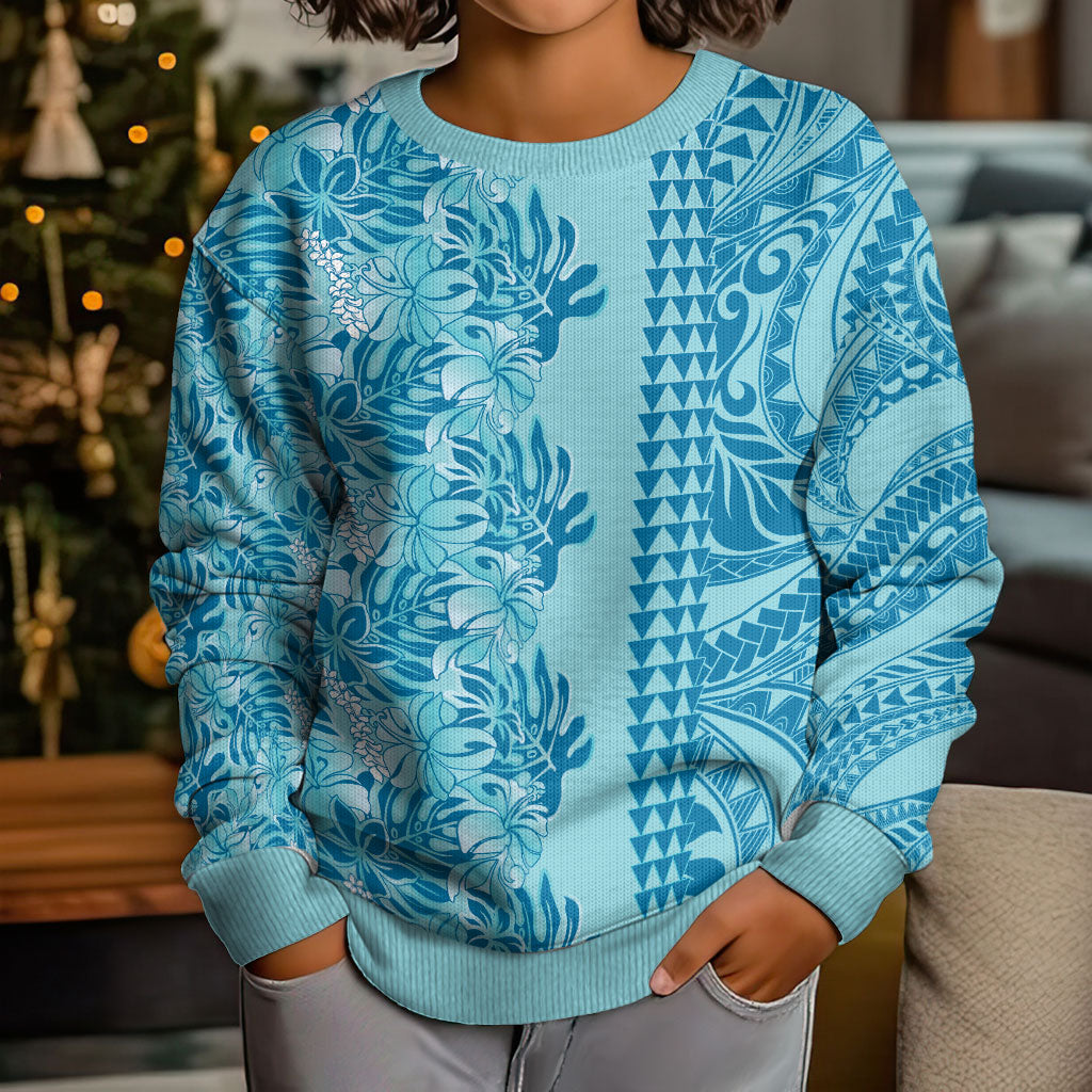 Cyan Hibiscus Monstera Seamless Kakau Hawaii Kid Ugly Christmas Sweater LT14 - Polynesian Pride