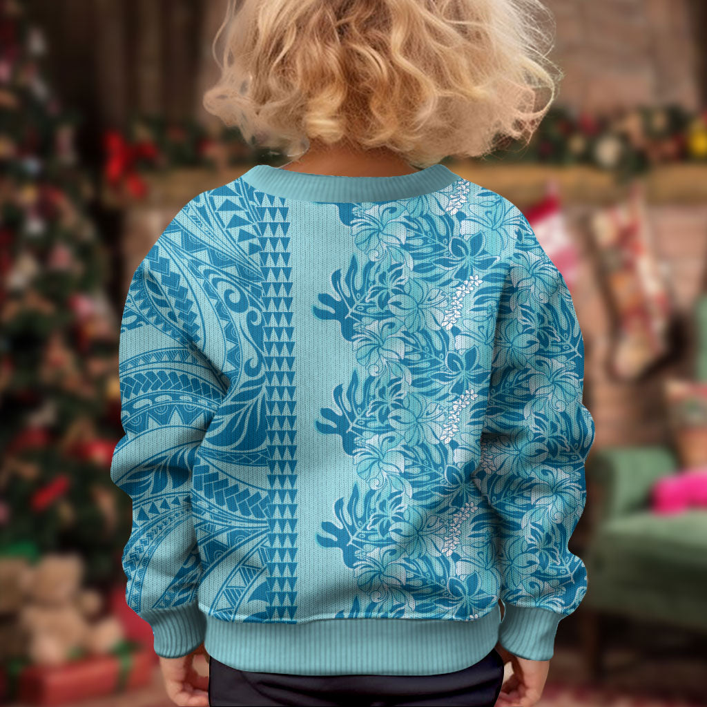Cyan Hibiscus Monstera Seamless Kakau Hawaii Kid Ugly Christmas Sweater LT14 - Polynesian Pride