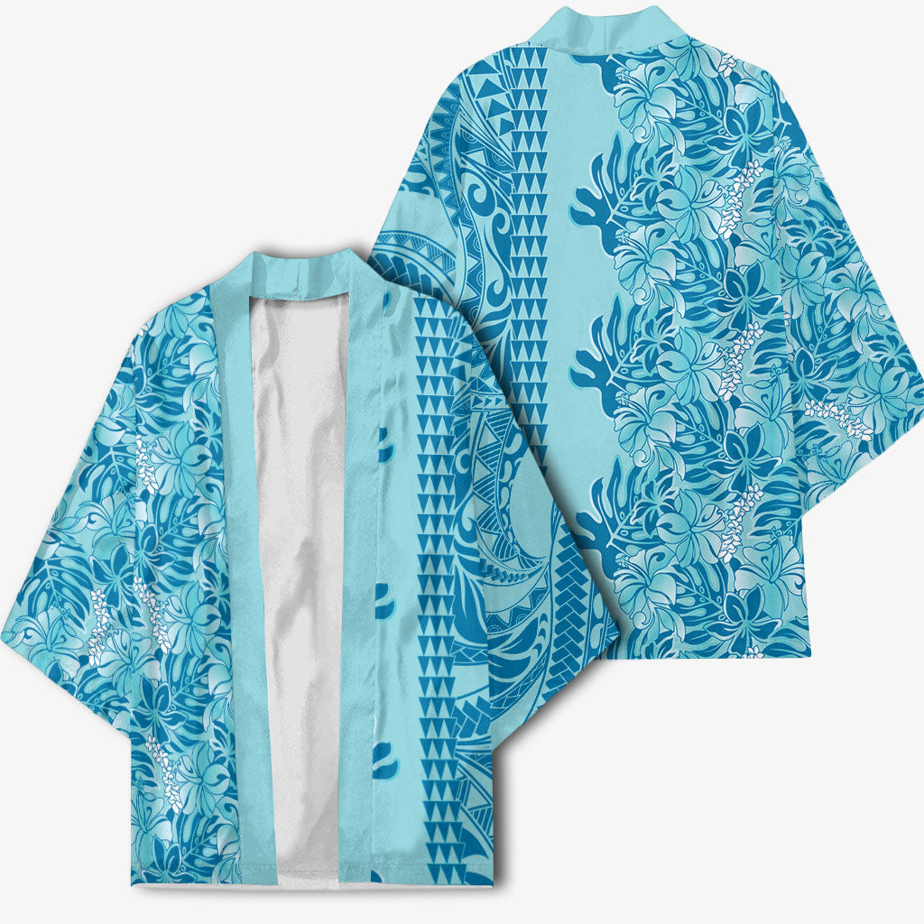Cyan Hibiscus Monstera Seamless Kakau Hawaii Kimono LT14 - Polynesian Pride