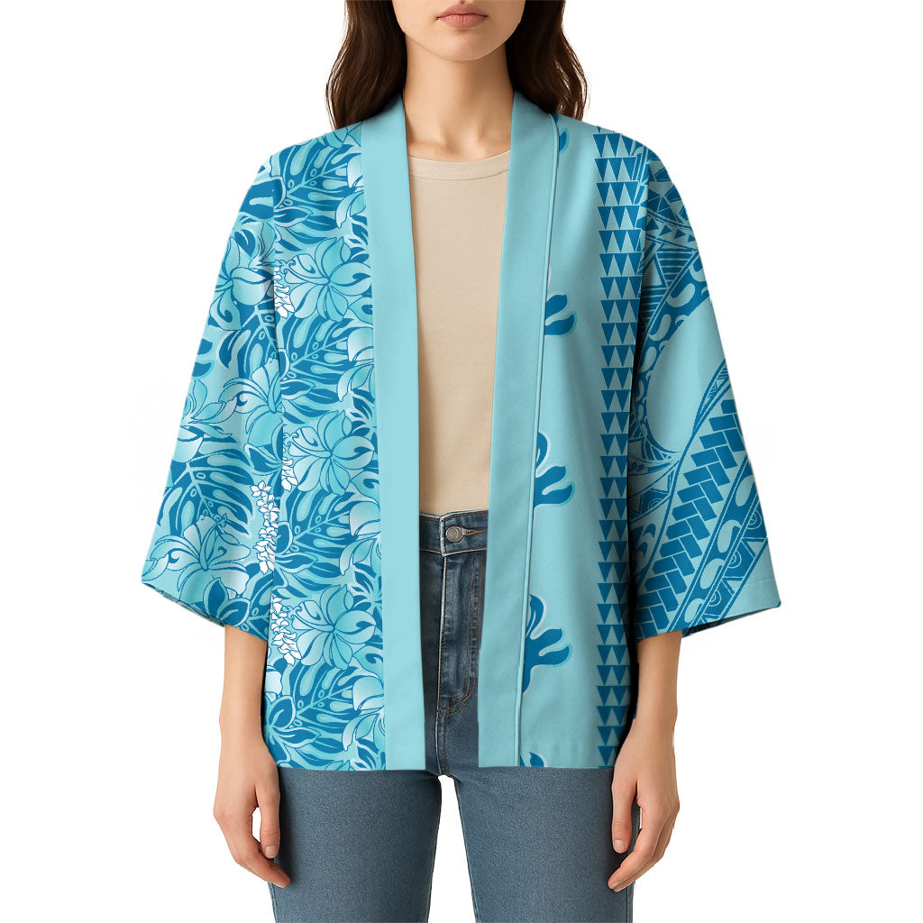 Cyan Hibiscus Monstera Seamless Kakau Hawaii Kimono LT14 - Polynesian Pride