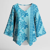Cyan Hibiscus Monstera Seamless Kakau Hawaii Kimono Sleeve Blouse LT14 Female Cyan - Polynesian Pride