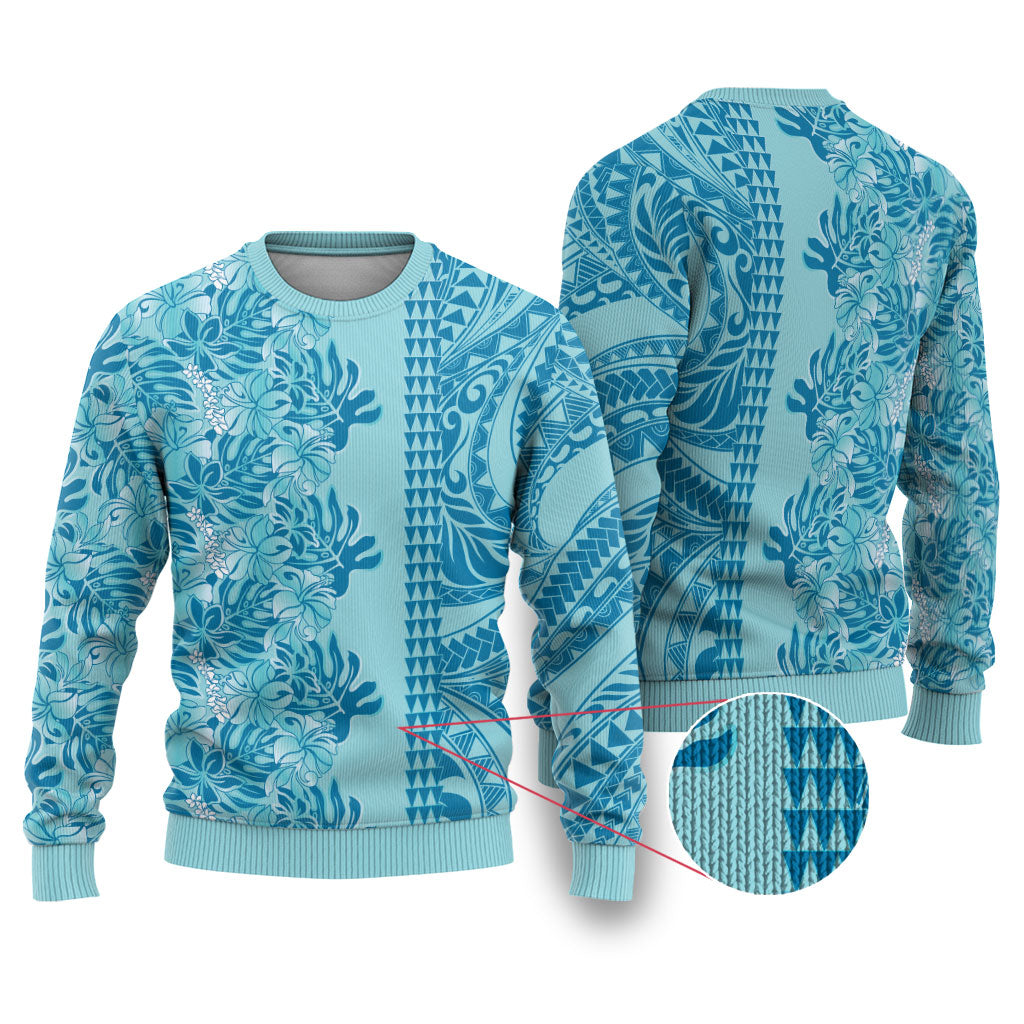 Cyan Hibiscus Monstera Seamless Kakau Hawaii Ugly Christmas Sweater LT14 Cyan - Polynesian Pride