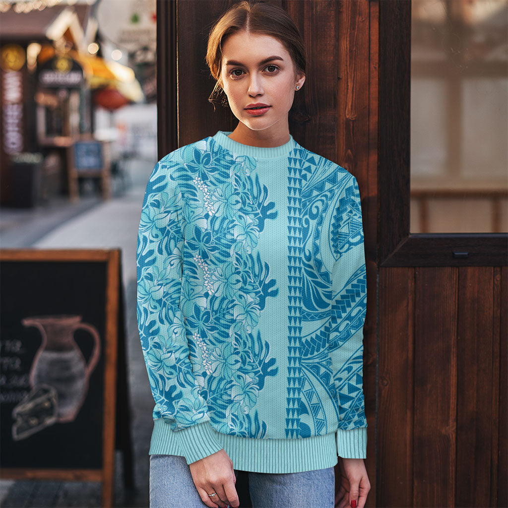 Cyan Hibiscus Monstera Seamless Kakau Hawaii Ugly Christmas Sweater LT14 - Polynesian Pride