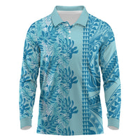 Cyan Hibiscus Monstera Seamless Kakau Hawaii Long Sleeve Polo Shirt LT14 Cyan - Polynesian Pride