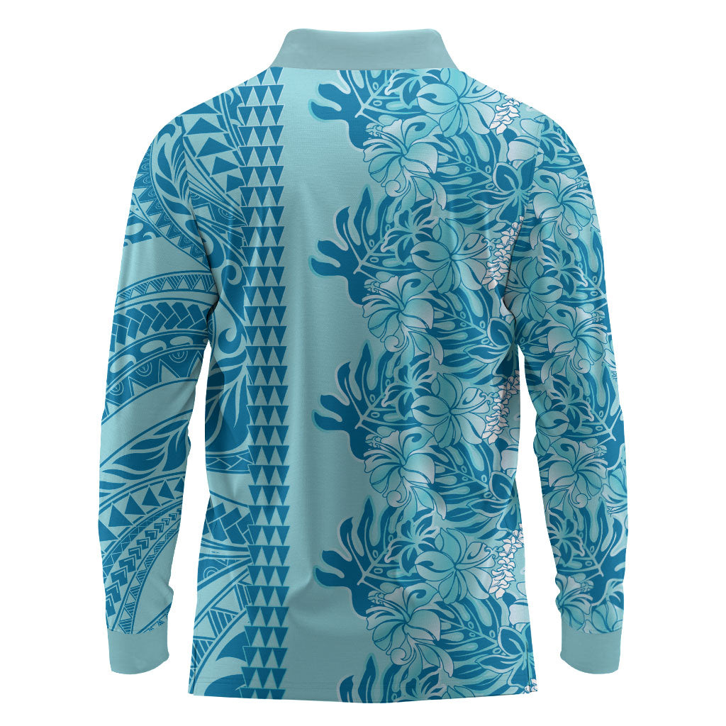 Cyan Hibiscus Monstera Seamless Kakau Hawaii Long Sleeve Polo Shirt LT14 - Polynesian Pride
