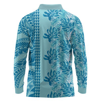 Cyan Hibiscus Monstera Seamless Kakau Hawaii Long Sleeve Polo Shirt LT14 - Polynesian Pride