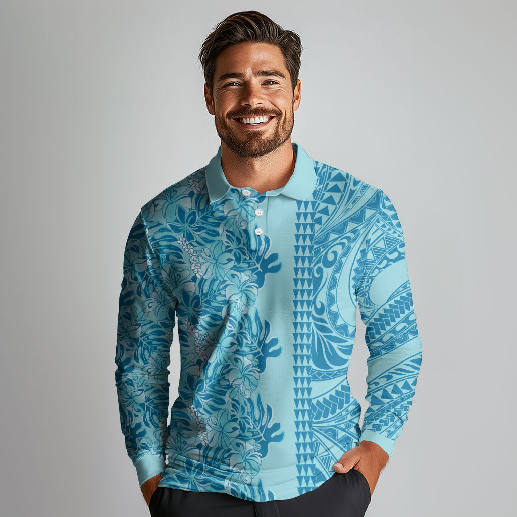 Cyan Hibiscus Monstera Seamless Kakau Hawaii Long Sleeve Polo Shirt LT14 - Polynesian Pride