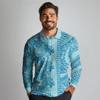 Cyan Hibiscus Monstera Seamless Kakau Hawaii Long Sleeve Polo Shirt LT14 - Polynesian Pride