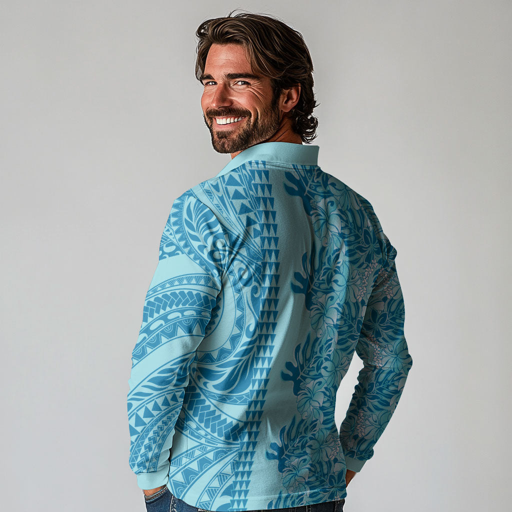 Cyan Hibiscus Monstera Seamless Kakau Hawaii Long Sleeve Polo Shirt LT14 - Polynesian Pride