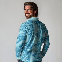 Cyan Hibiscus Monstera Seamless Kakau Hawaii Long Sleeve Polo Shirt LT14 - Polynesian Pride