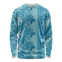 Cyan Hibiscus Monstera Seamless Kakau Hawaii Long Sleeve Shirt LT14 Unisex Cyan - Polynesian Pride