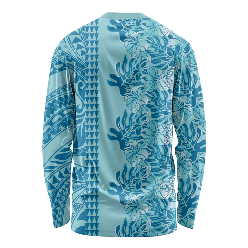 Cyan Hibiscus Monstera Seamless Kakau Hawaii Long Sleeve Shirt LT14 - Polynesian Pride