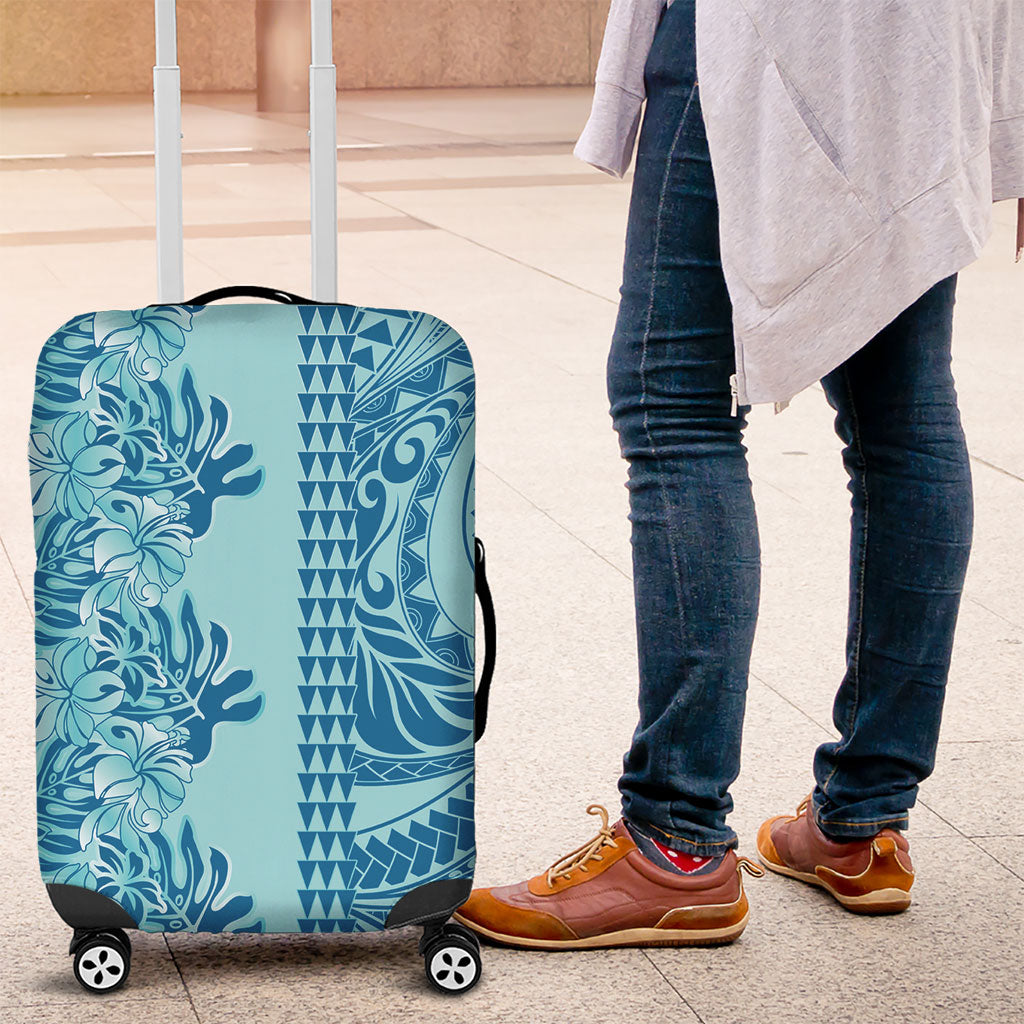Cyan Hibiscus Monstera Seamless Kakau Hawaii Luggage Cover LT14 Cyan - Polynesian Pride
