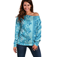 Cyan Hibiscus Monstera Seamless Kakau Hawaii Off Shoulder Sweater LT14 Women Cyan - Polynesian Pride
