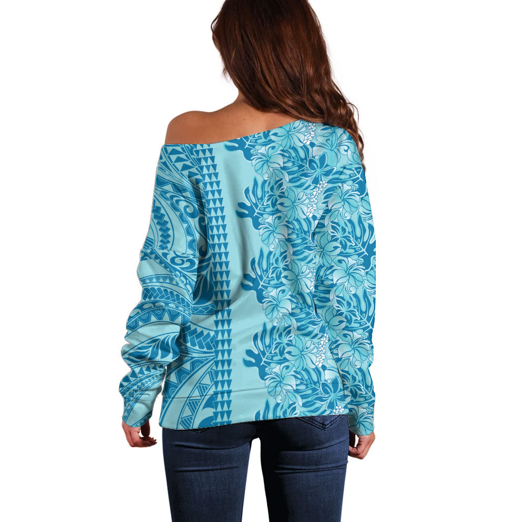 Cyan Hibiscus Monstera Seamless Kakau Hawaii Off Shoulder Sweater LT14 - Polynesian Pride