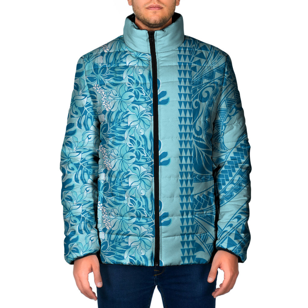 Cyan Hibiscus Monstera Seamless Kakau Hawaii Padded Jacket LT14 Men Cyan - Polynesian Pride