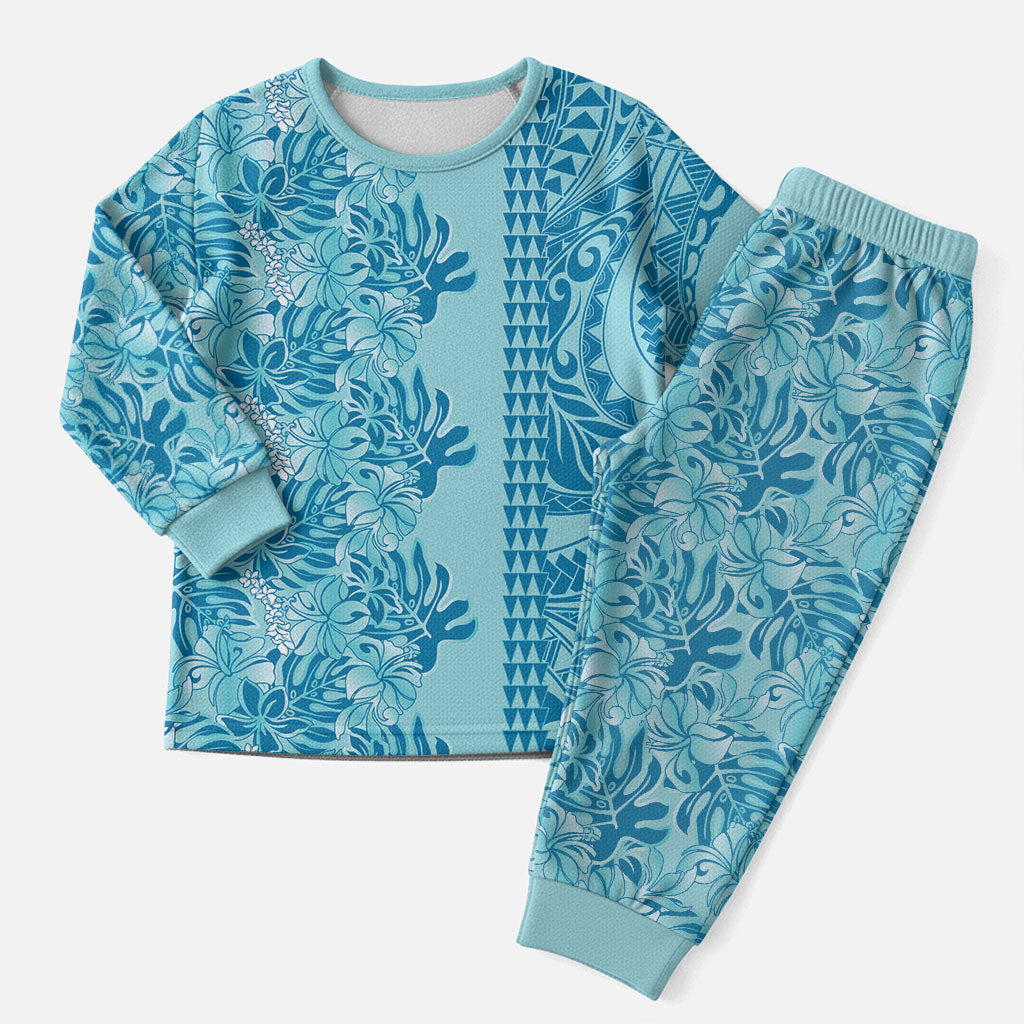 Cyan Hibiscus Monstera Seamless Kakau Hawaii Christmas Pajama Set LT14 Men Cyan - Polynesian Pride
