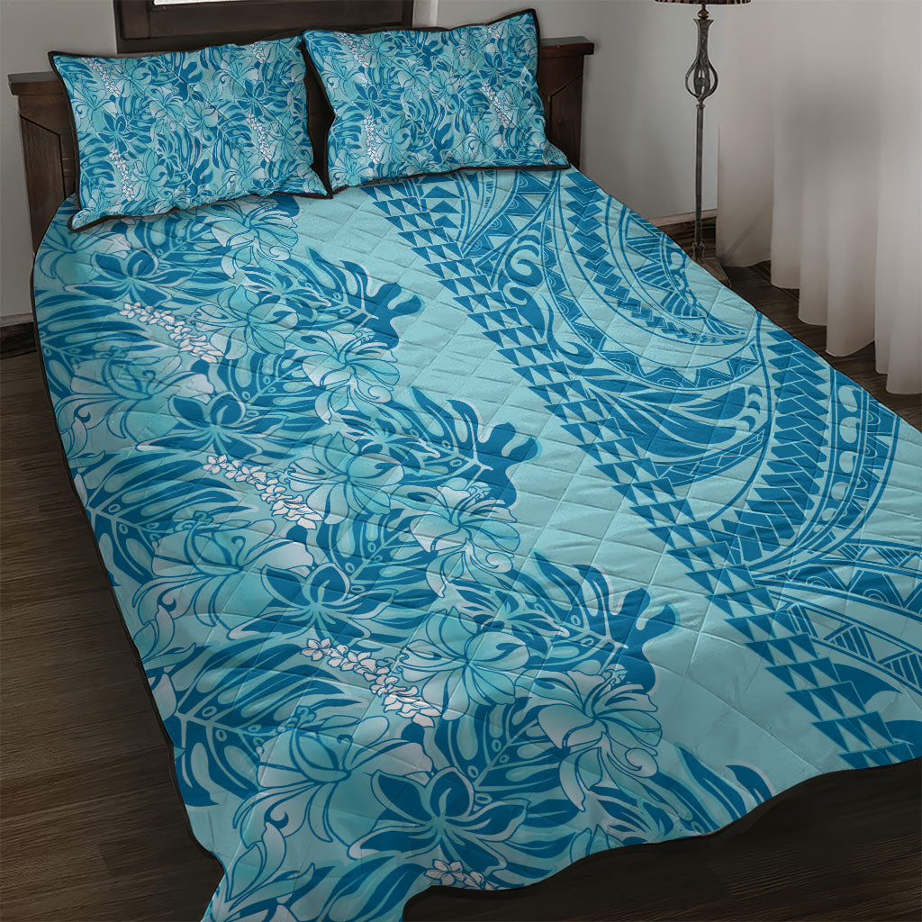 Cyan Hibiscus Monstera Seamless Kakau Hawaii Quilt Bed Set LT14 Cyan - Polynesian Pride