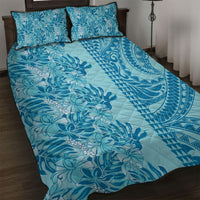 Cyan Hibiscus Monstera Seamless Kakau Hawaii Quilt Bed Set LT14 Cyan - Polynesian Pride