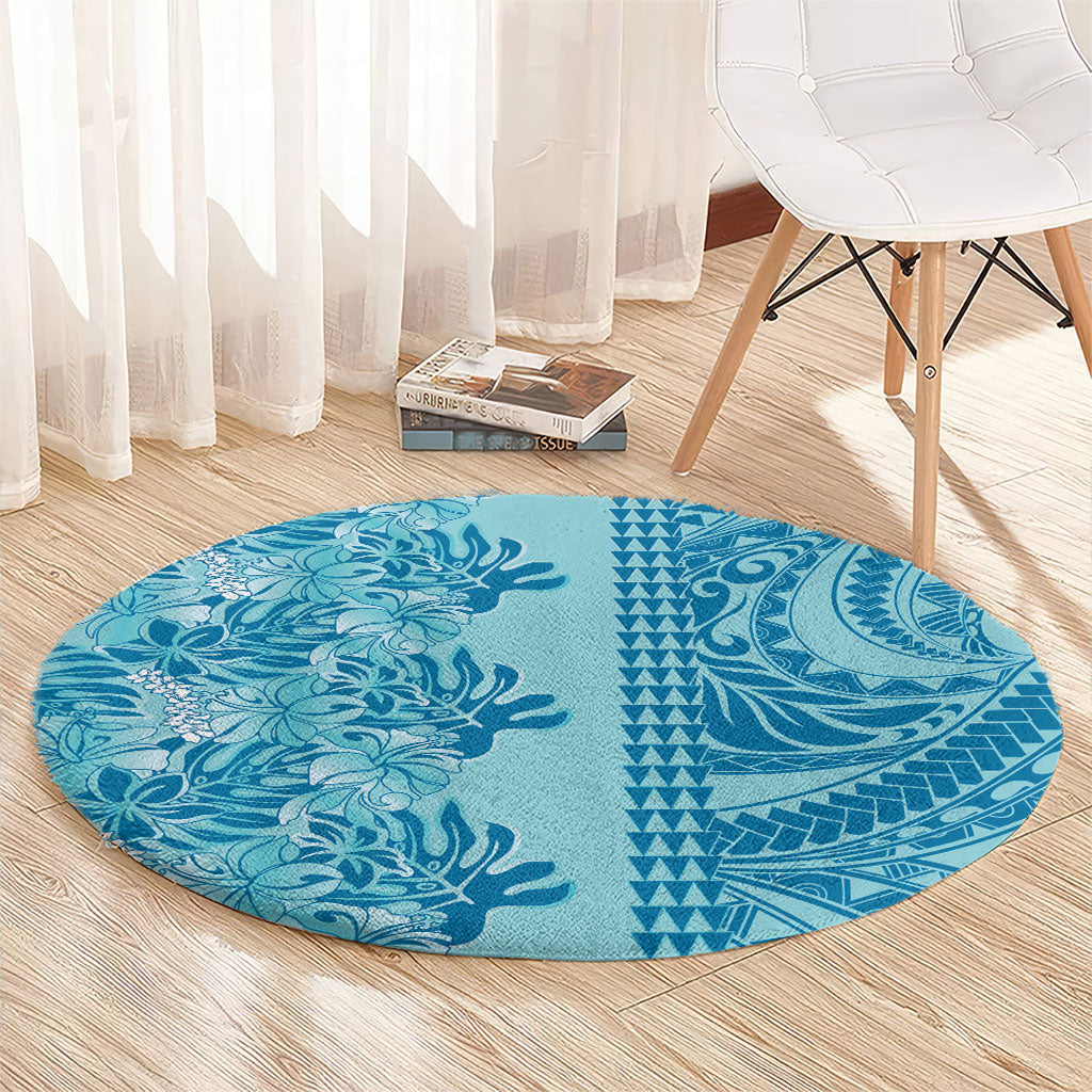 Cyan Hibiscus Monstera Seamless Kakau Hawaii Round Carpet LT14 - Polynesian Pride