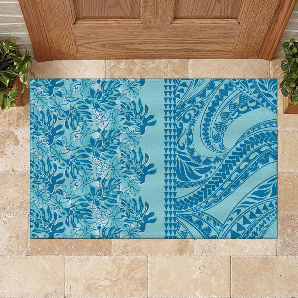 Cyan Hibiscus Monstera Seamless Kakau Hawaii Rubber Doormat LT14 Cyan - Polynesian Pride