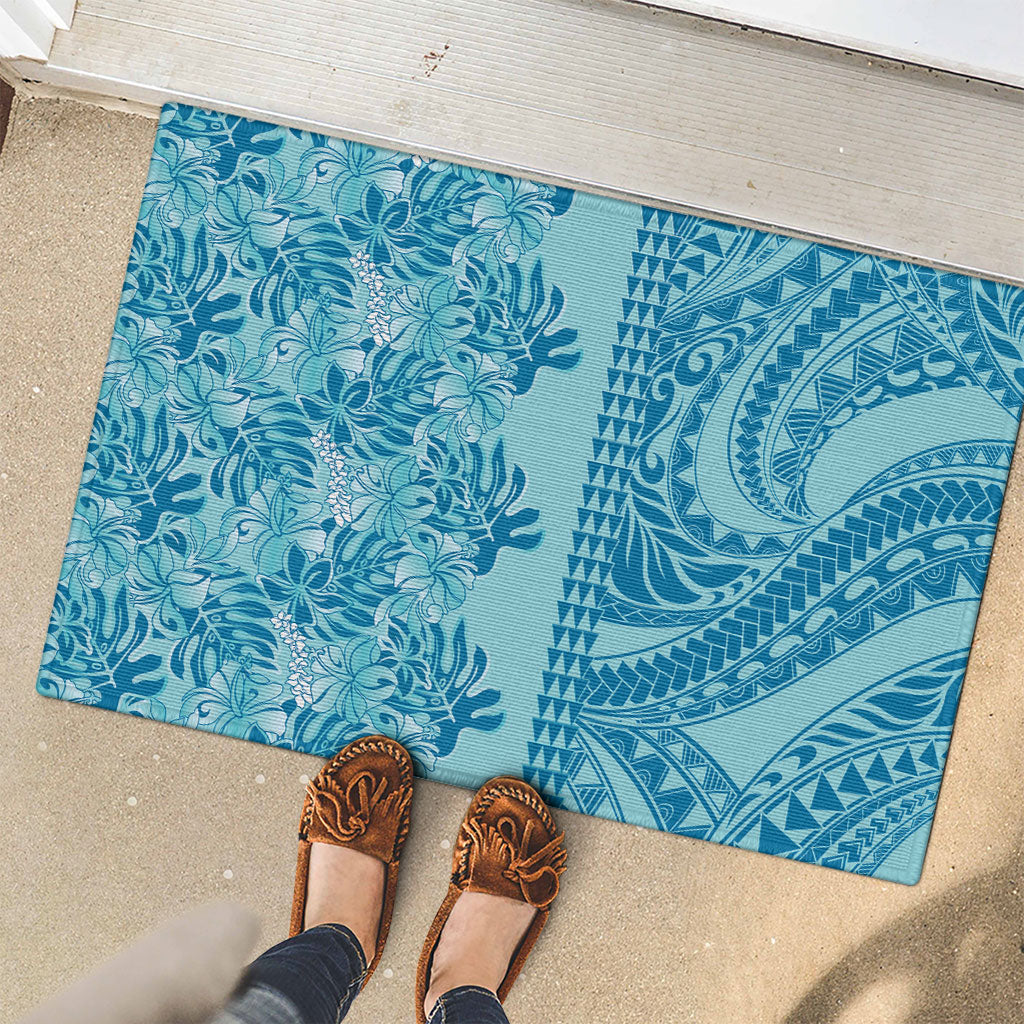 Cyan Hibiscus Monstera Seamless Kakau Hawaii Rubber Doormat LT14 - Polynesian Pride
