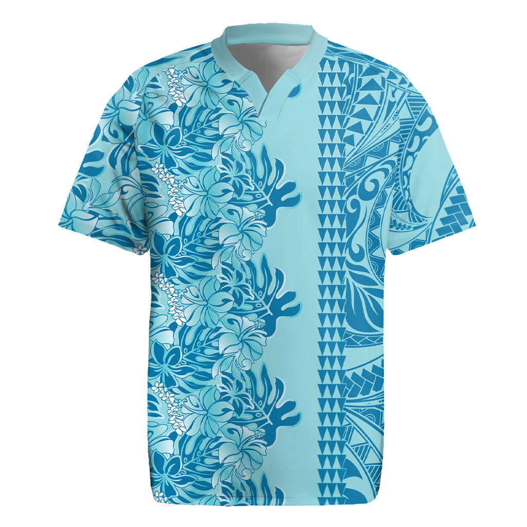 Cyan Hibiscus Monstera Seamless Kakau Hawaii Rugby Jersey LT14 Cyan - Polynesian Pride