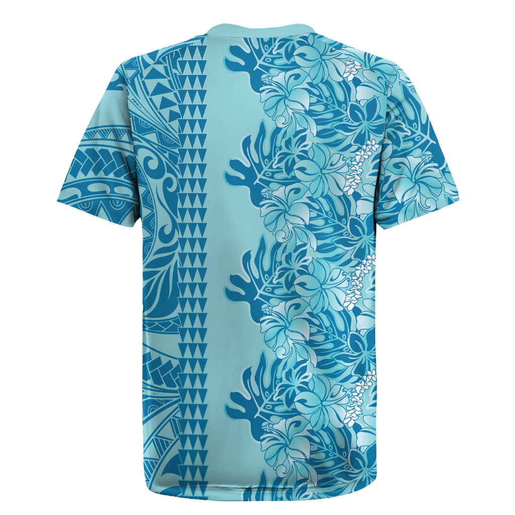 Cyan Hibiscus Monstera Seamless Kakau Hawaii Rugby Jersey LT14 - Polynesian Pride