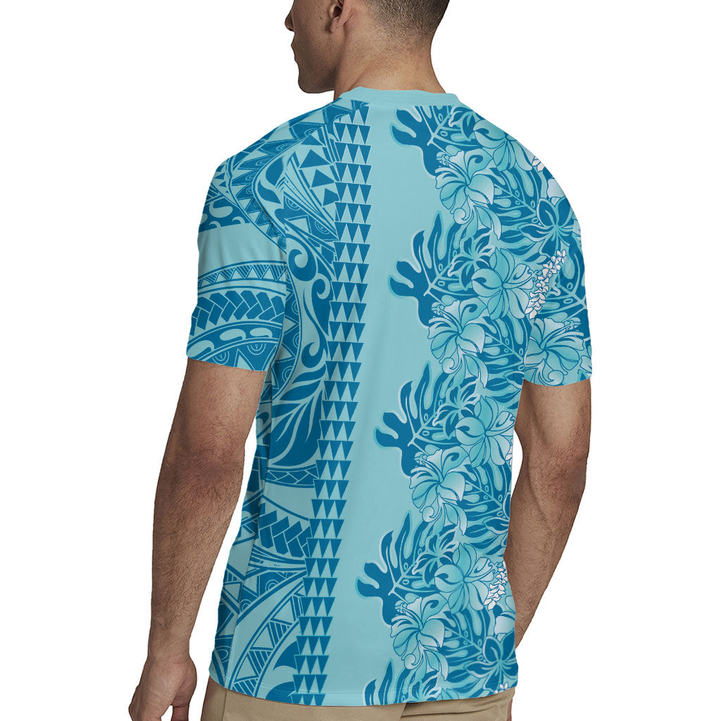 Cyan Hibiscus Monstera Seamless Kakau Hawaii Rugby Jersey LT14 - Polynesian Pride