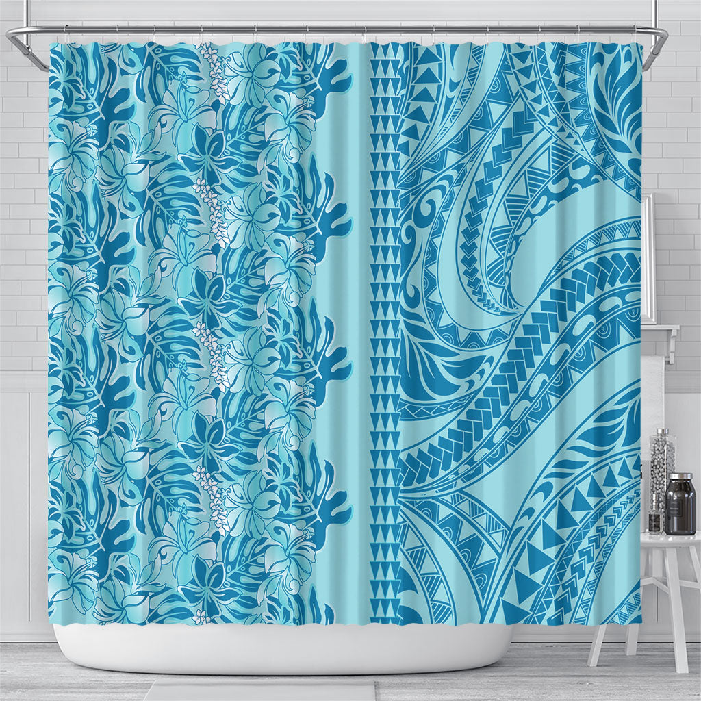 Cyan Hibiscus Monstera Seamless Kakau Hawaii Shower Curtain LT14 - Polynesian Pride