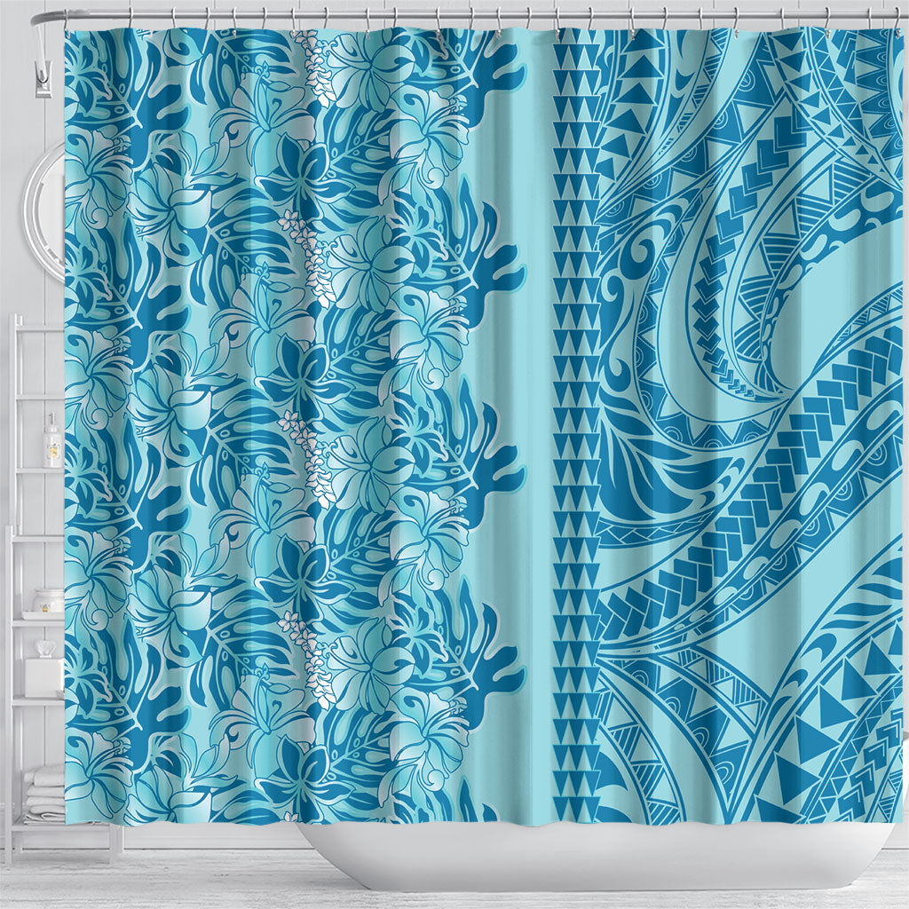 Cyan Hibiscus Monstera Seamless Kakau Hawaii Shower Curtain LT14 - Polynesian Pride