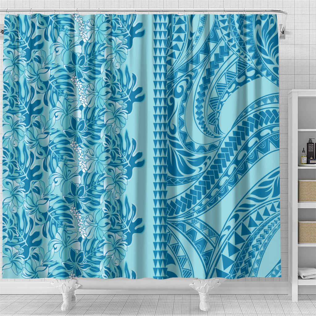 Cyan Hibiscus Monstera Seamless Kakau Hawaii Shower Curtain LT14 - Polynesian Pride