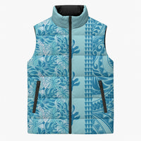 Cyan Hibiscus Monstera Seamless Kakau Hawaii Sleeveless Puffer Jacket LT14 Unisex Cyan - Polynesian Pride