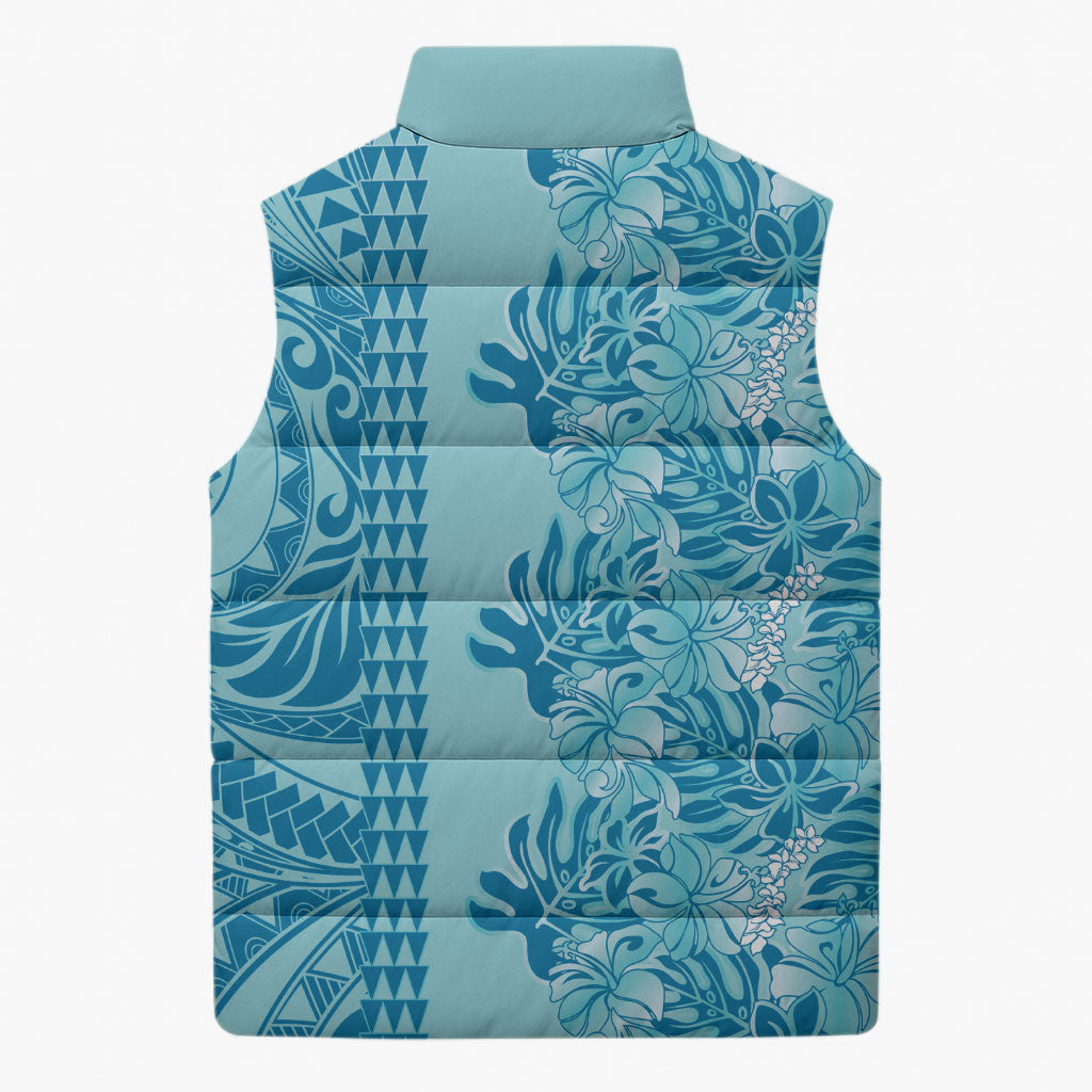 Cyan Hibiscus Monstera Seamless Kakau Hawaii Sleeveless Puffer Jacket LT14 - Polynesian Pride
