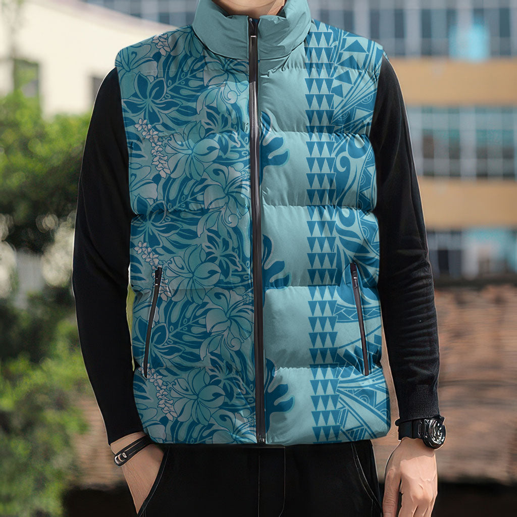 Cyan Hibiscus Monstera Seamless Kakau Hawaii Sleeveless Puffer Jacket LT14 - Polynesian Pride