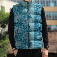 Cyan Hibiscus Monstera Seamless Kakau Hawaii Sleeveless Puffer Jacket LT14 - Polynesian Pride