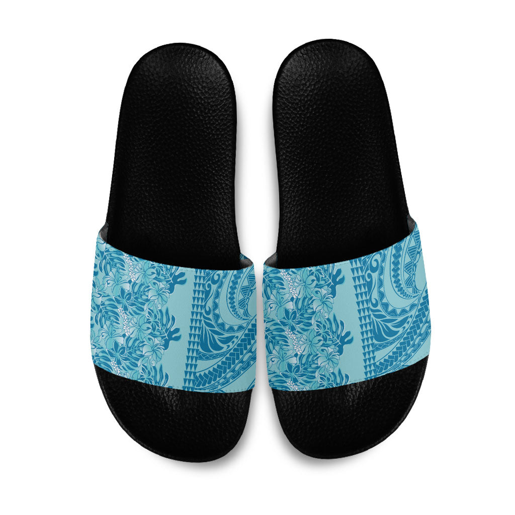 Cyan Hibiscus Monstera Seamless Kakau Hawaii Slide Sandals LT14 Cyan - Polynesian Pride