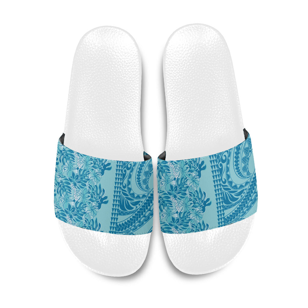 Cyan Hibiscus Monstera Seamless Kakau Hawaii Slide Sandals LT14 Cyan - Polynesian Pride